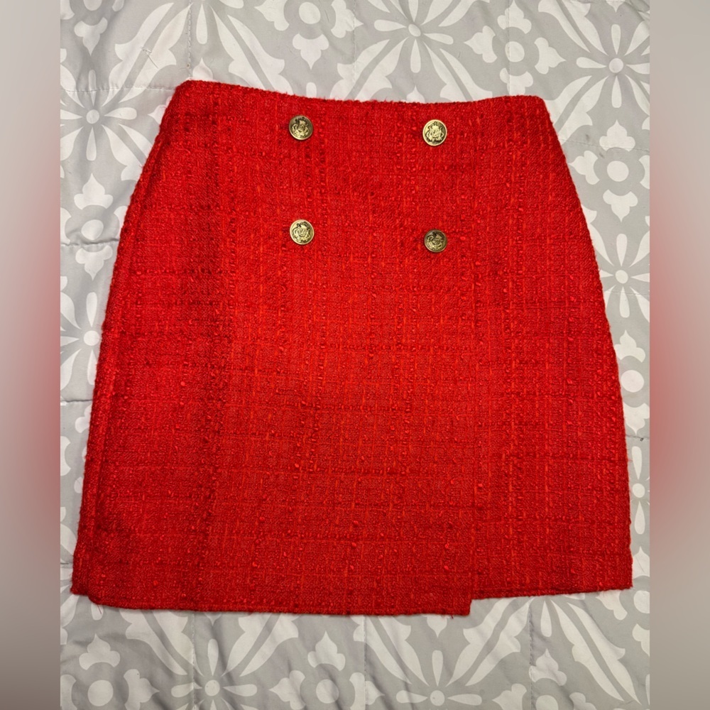 LOFT Red Tweed Mini Skirt with Gold Buttons